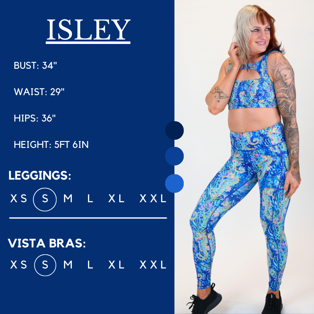 Model’s measurements of 34” bust, 29” waist, 36” hips and height of 5 ft 6 inches. She is wearing a size small in our leggings and a size small in our vista bra