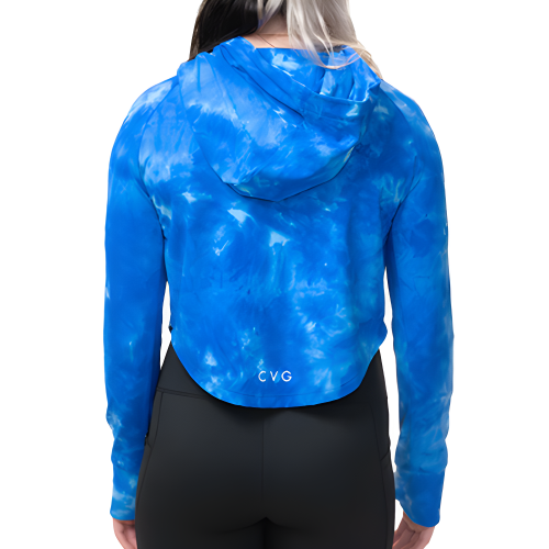 back of blue and white tie dye cropped hoodie