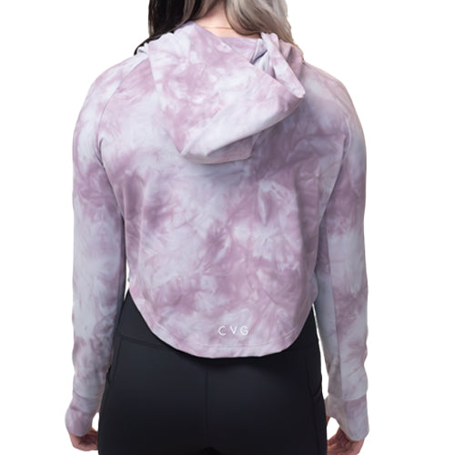 back of the purple and white tie dye cropped hoodie
