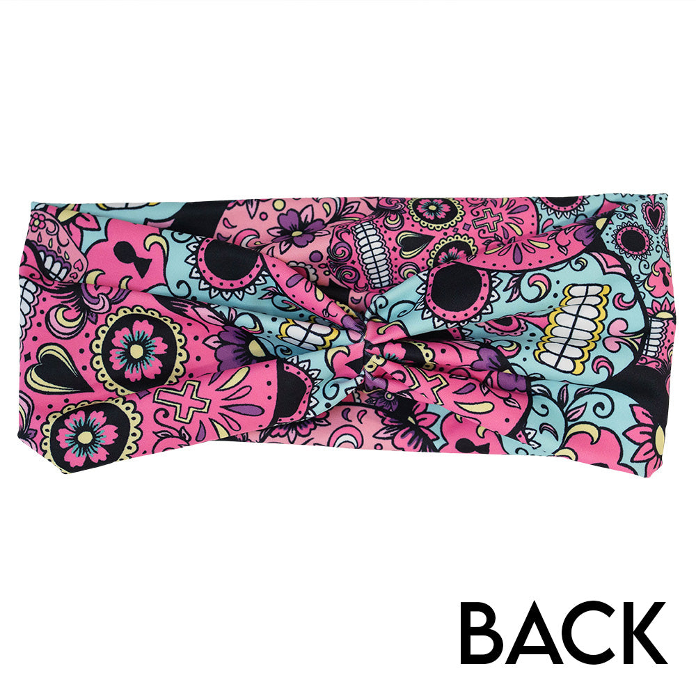 back of the pink, blue & purple skull print headband