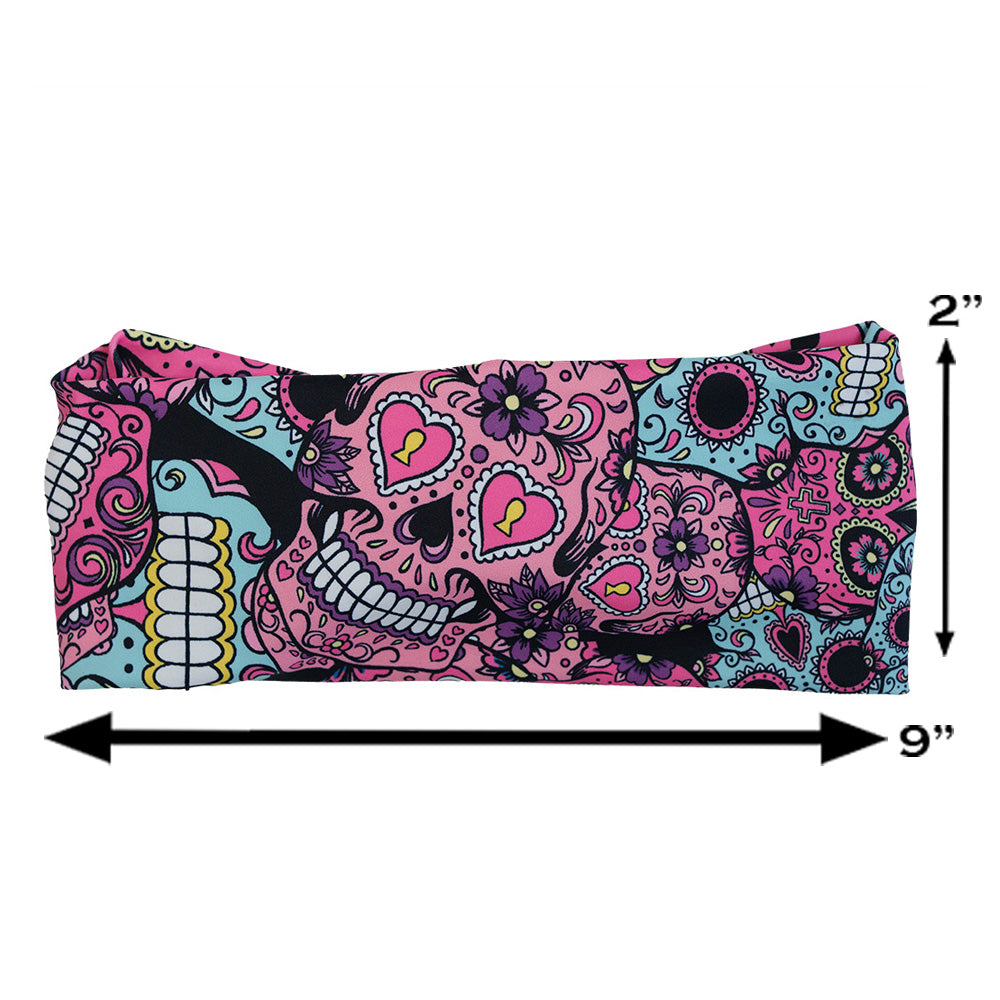pink, blue & purple skull print headband measured at 2 by 9 inches