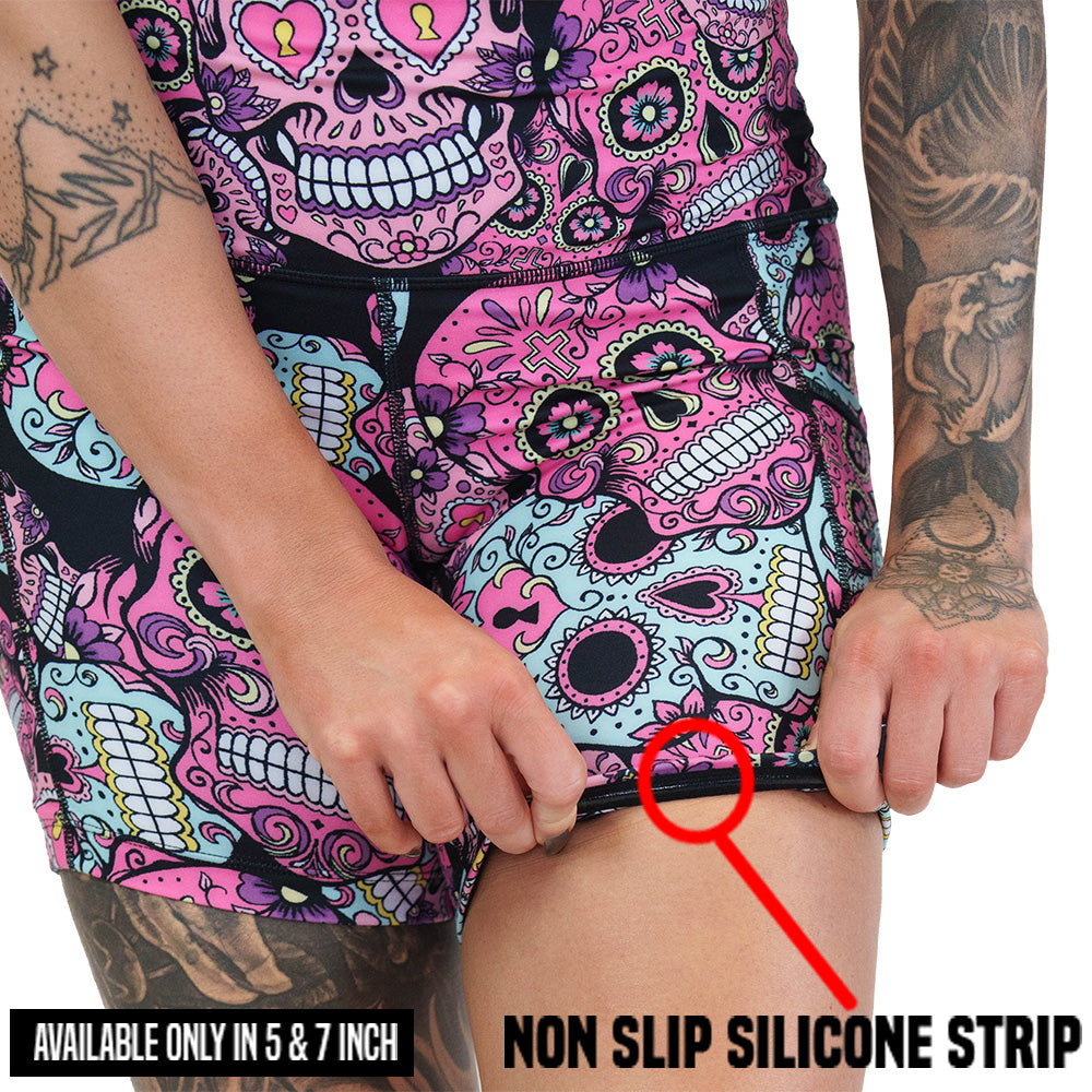 non slip strip on the pink, blue & purple skull print shorts