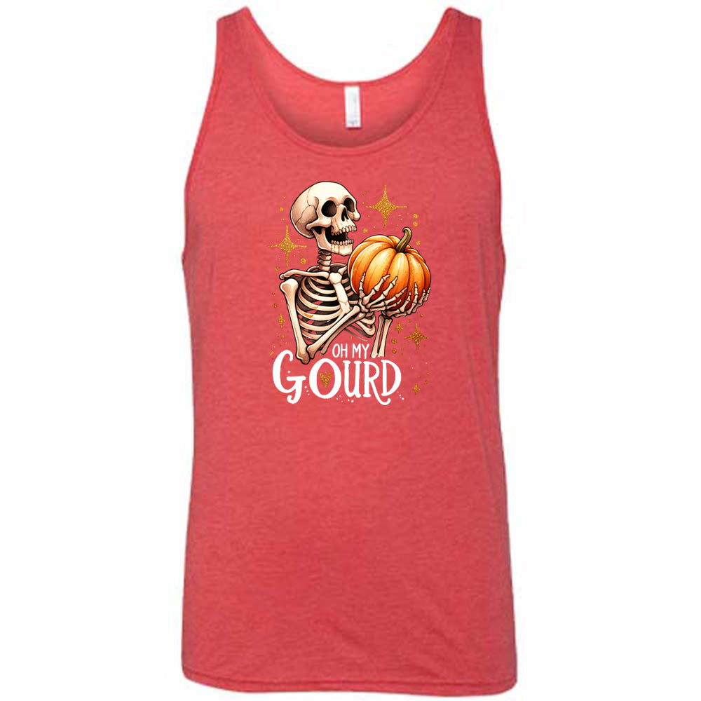 red colored shirt with a skeleton holding a pumpkin graphic on it