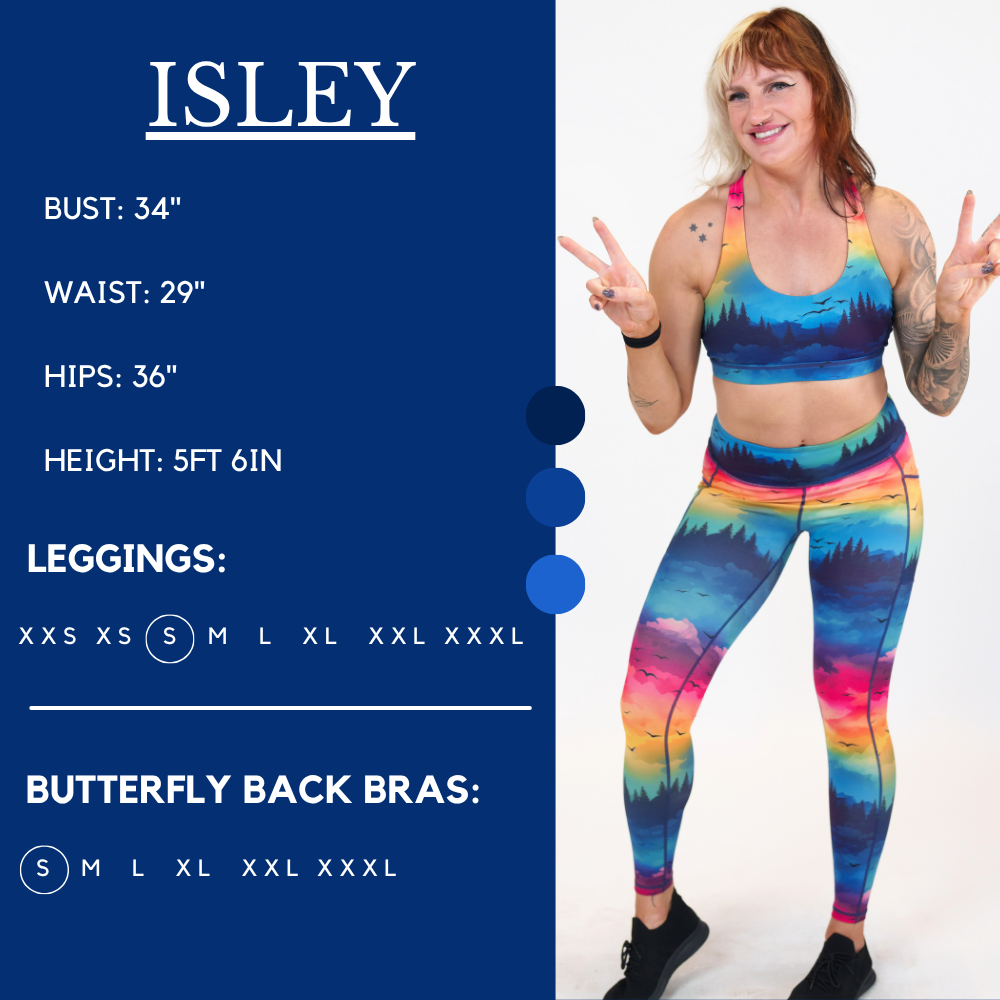 Model’s measurements of 34” bust, 29” waist, 36” hips and height of 5 ft 6 inches. She is wearing a size small in our leggings