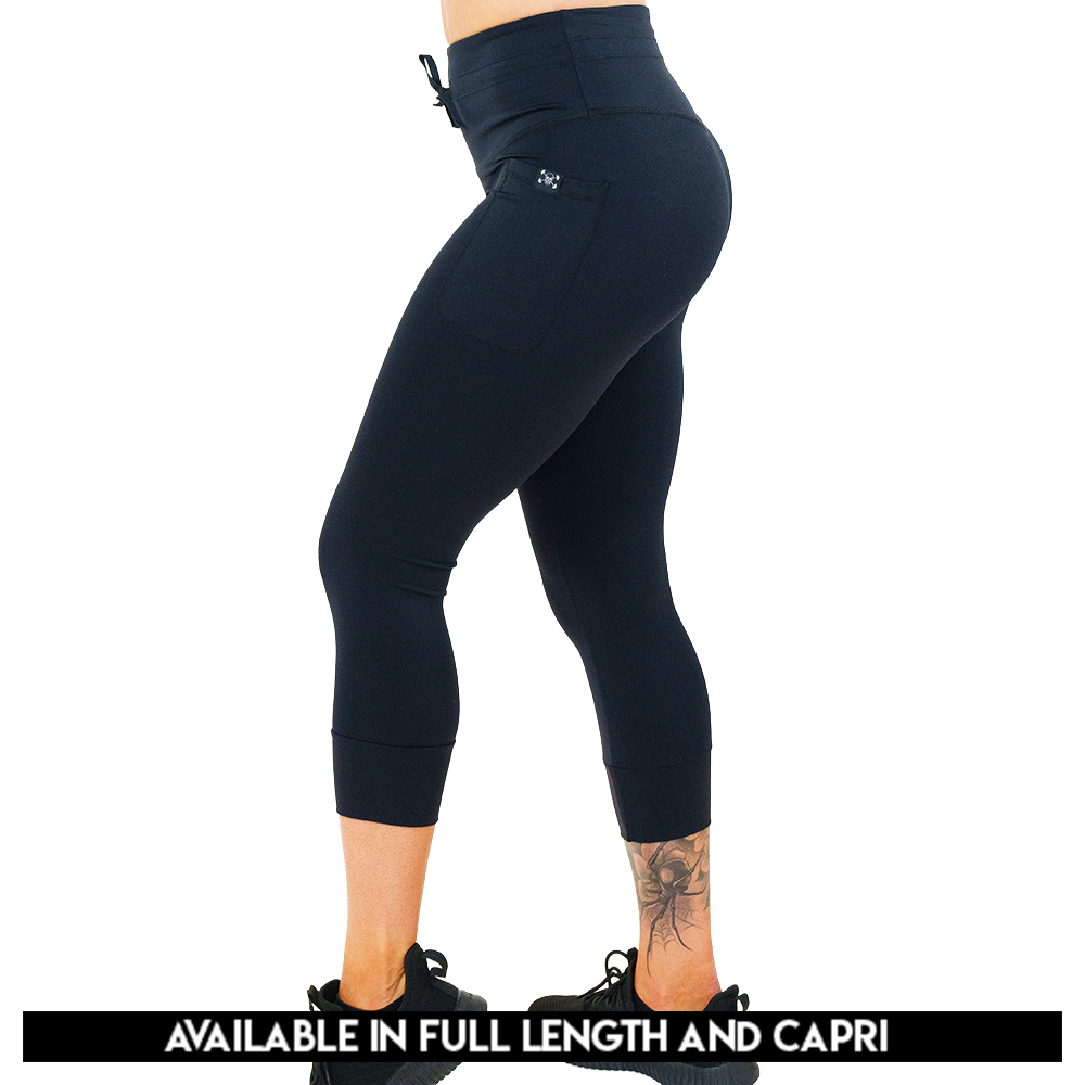 available lengths for the omni black leggings are full length and capri