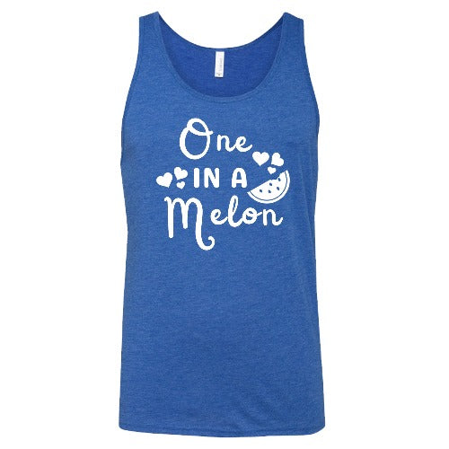 blue unisex shirt with the saying "one in a melon" on it