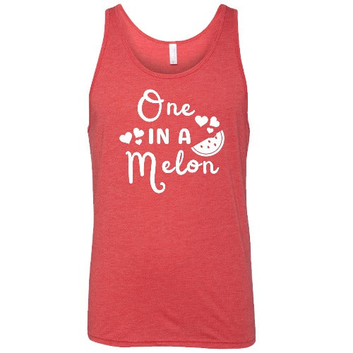 red unisex shirt with the saying "one in a melon" on it