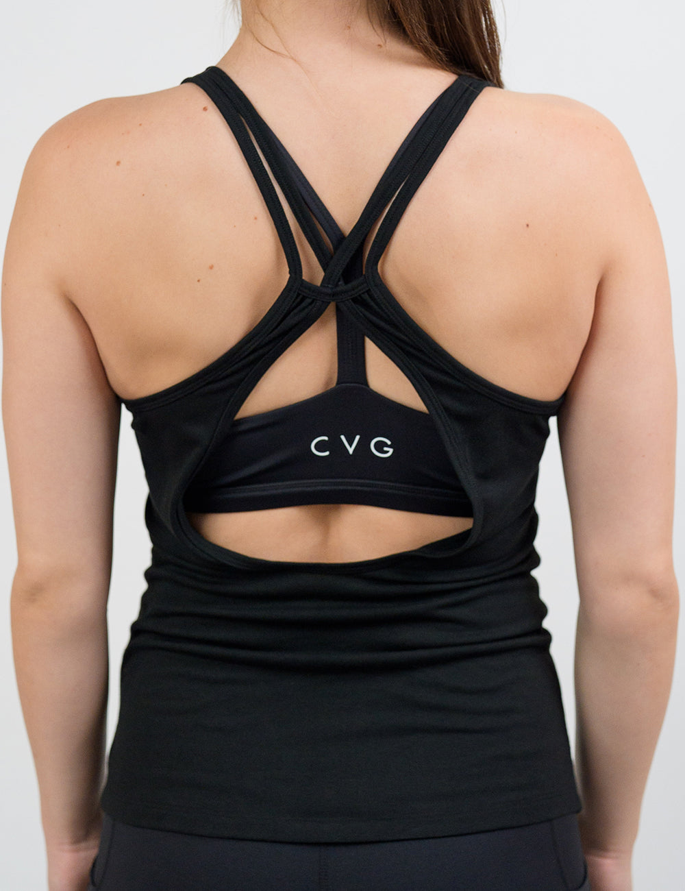 back of the black open tank top