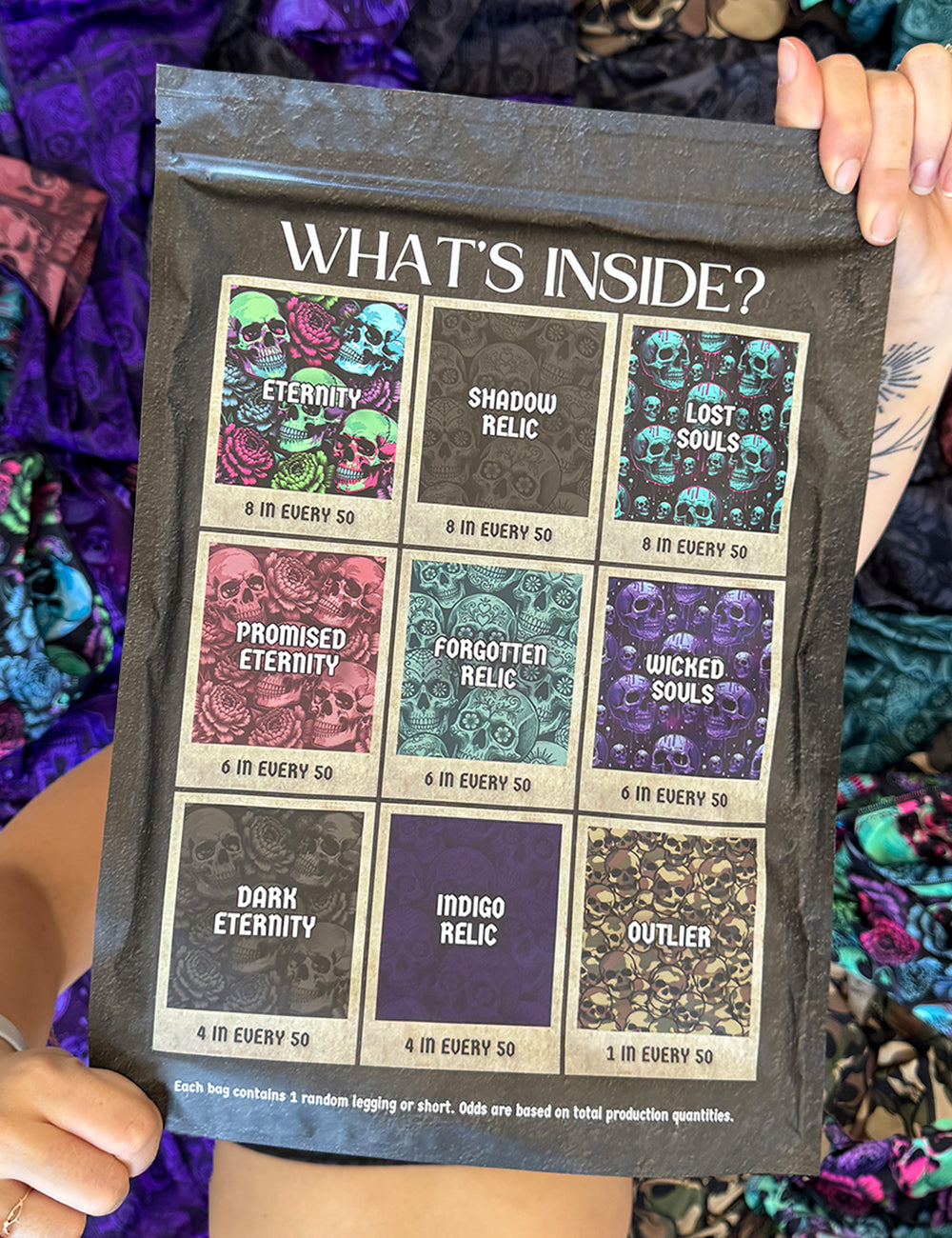 back of the CVG Sealed Series: Skulls Bag featuring a blacked out design with a grey skull in the middle, 9 prints are available