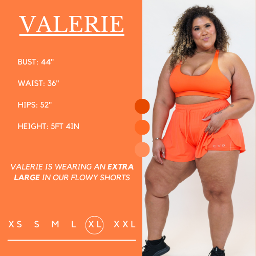 Model’s measurements of 44” bust, 36” waist, 52” hips and height of 5 ft 4 inches. She is wearing an extra large in the flowy shorts