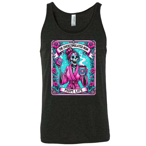 black unisex shirt with a colorful blue and pink skull graphic on it with the quote "the overstimulated mom life" on it