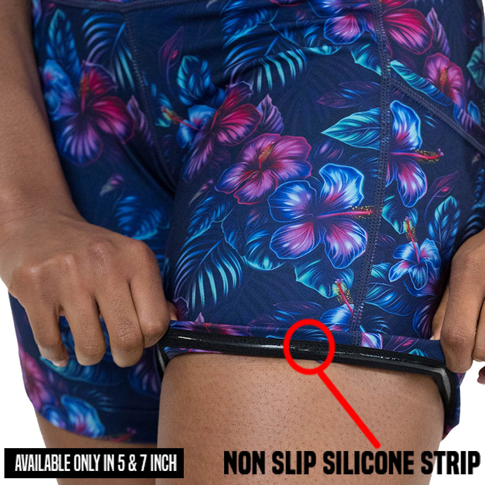 non slip strip on the blue and pink tropical flower patterned shorts