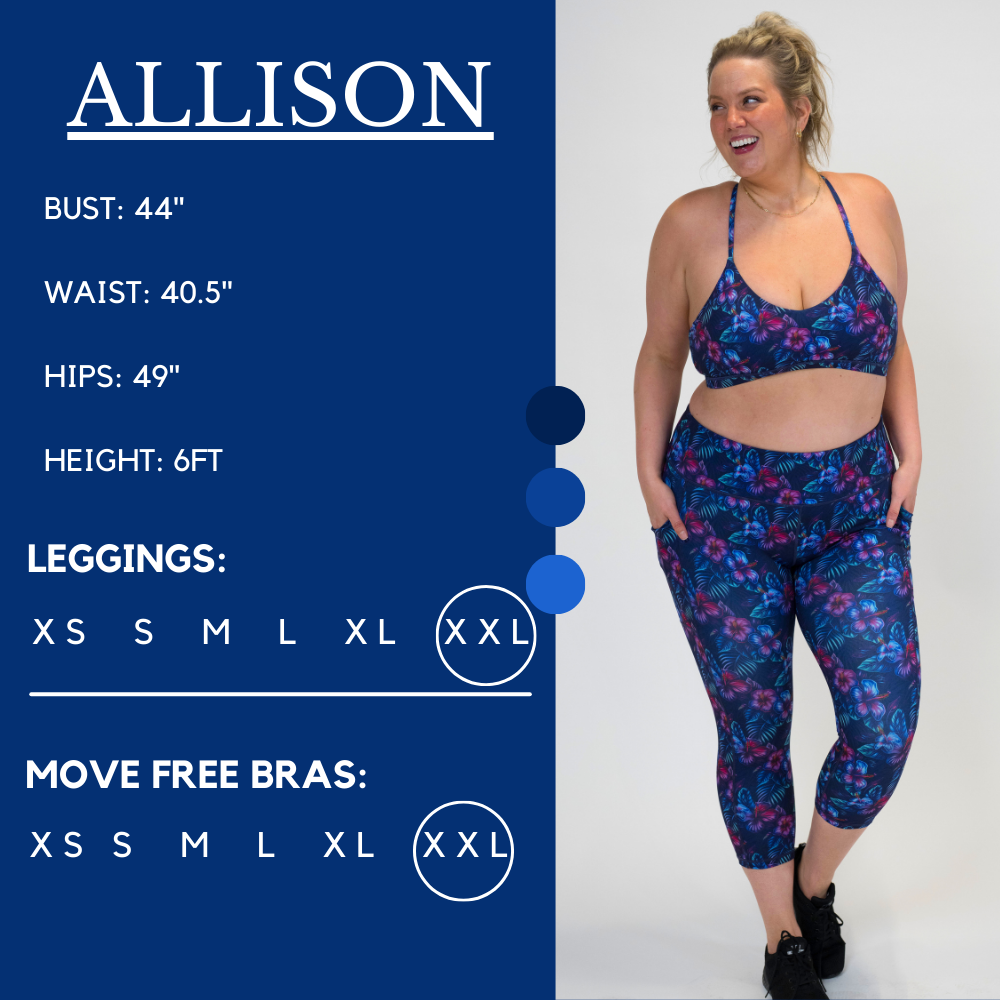 Model’s measurements of 44” bust, 40.5” waist, 49” hips and height of 6 ft. She is wearing a size xx-large in our leggings