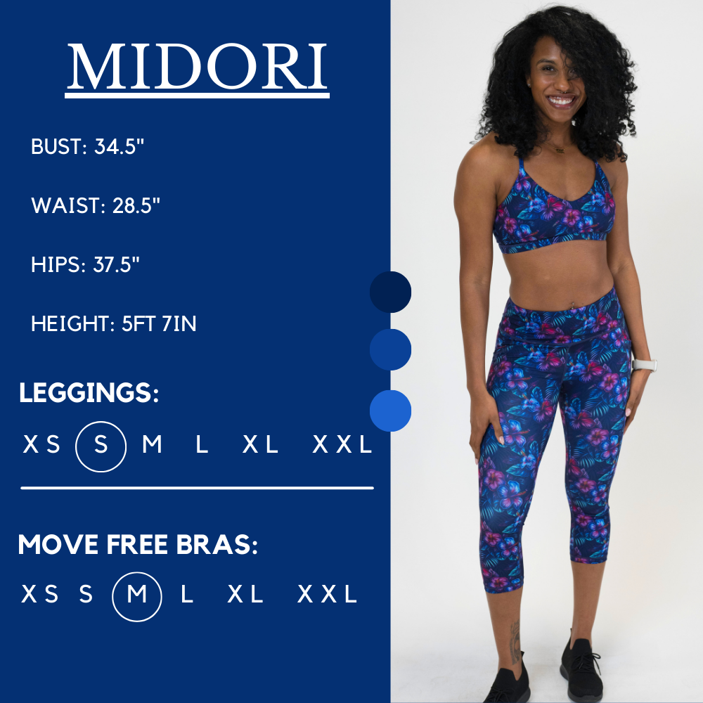 Model’s measurements of 34.5” bust, 28.5” waist, 37.5” hips and height of 5 ft 7 inches. She is wearing a size extra small in our leggings