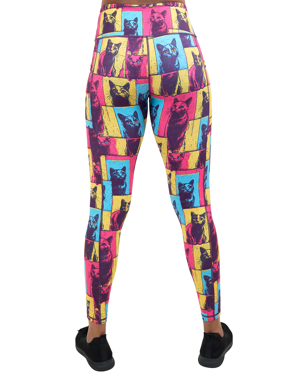 back of the red, blue, and yellow cat patchwork print full length leggings against a white background