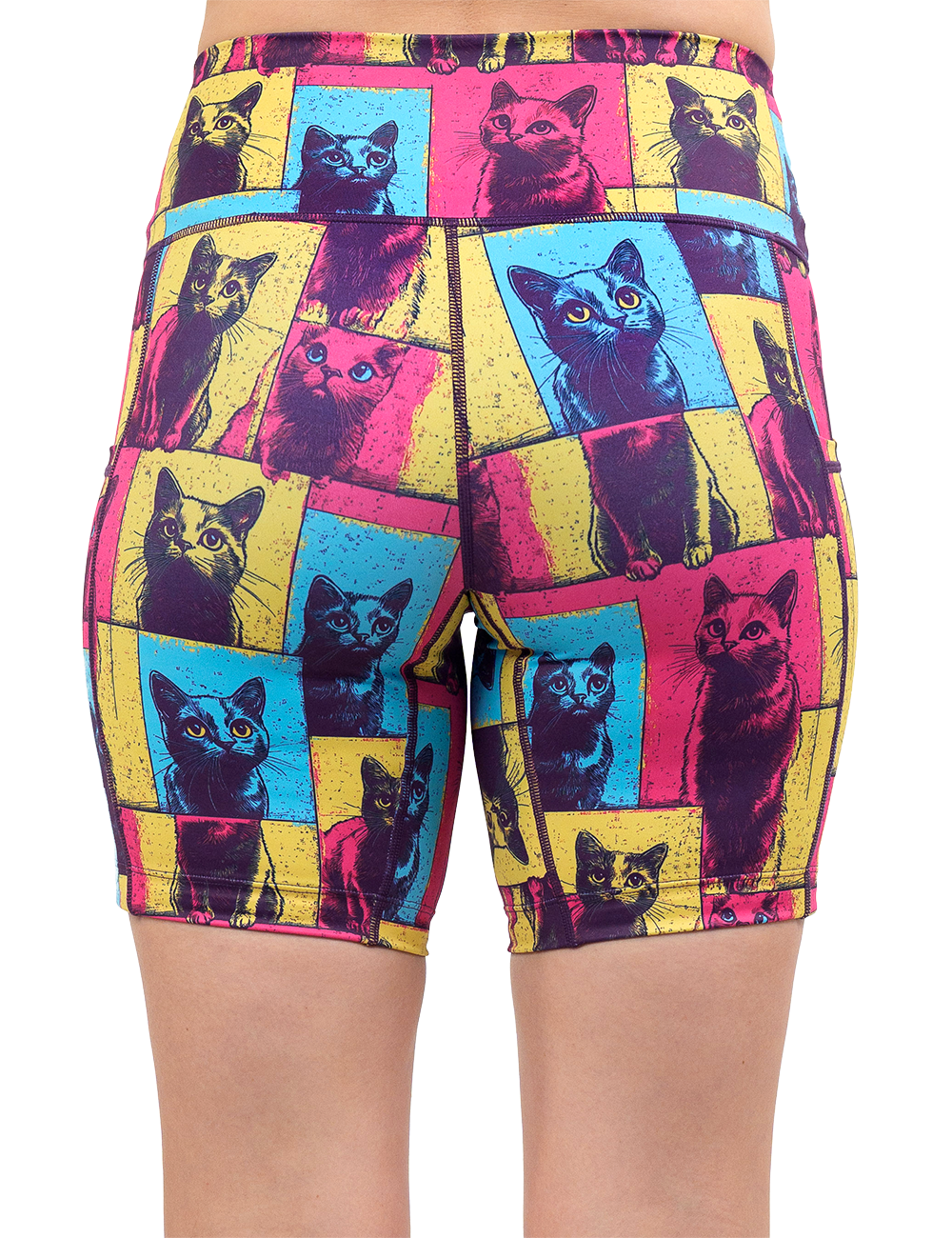 back of the red, blue, and yellow patchwork cat print 7 inch shorts against a white background