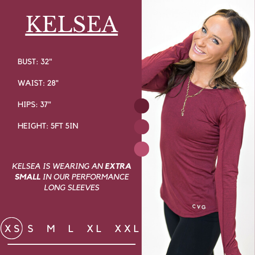 Graphic showing the measurements of a model and what size she wears for the shirt. Her bust is 32 inches, waist is 28 inches, hips are 37 inches, and height is 5 foot and 5 inches. She wears an extra small in the performance long sleeve shirt