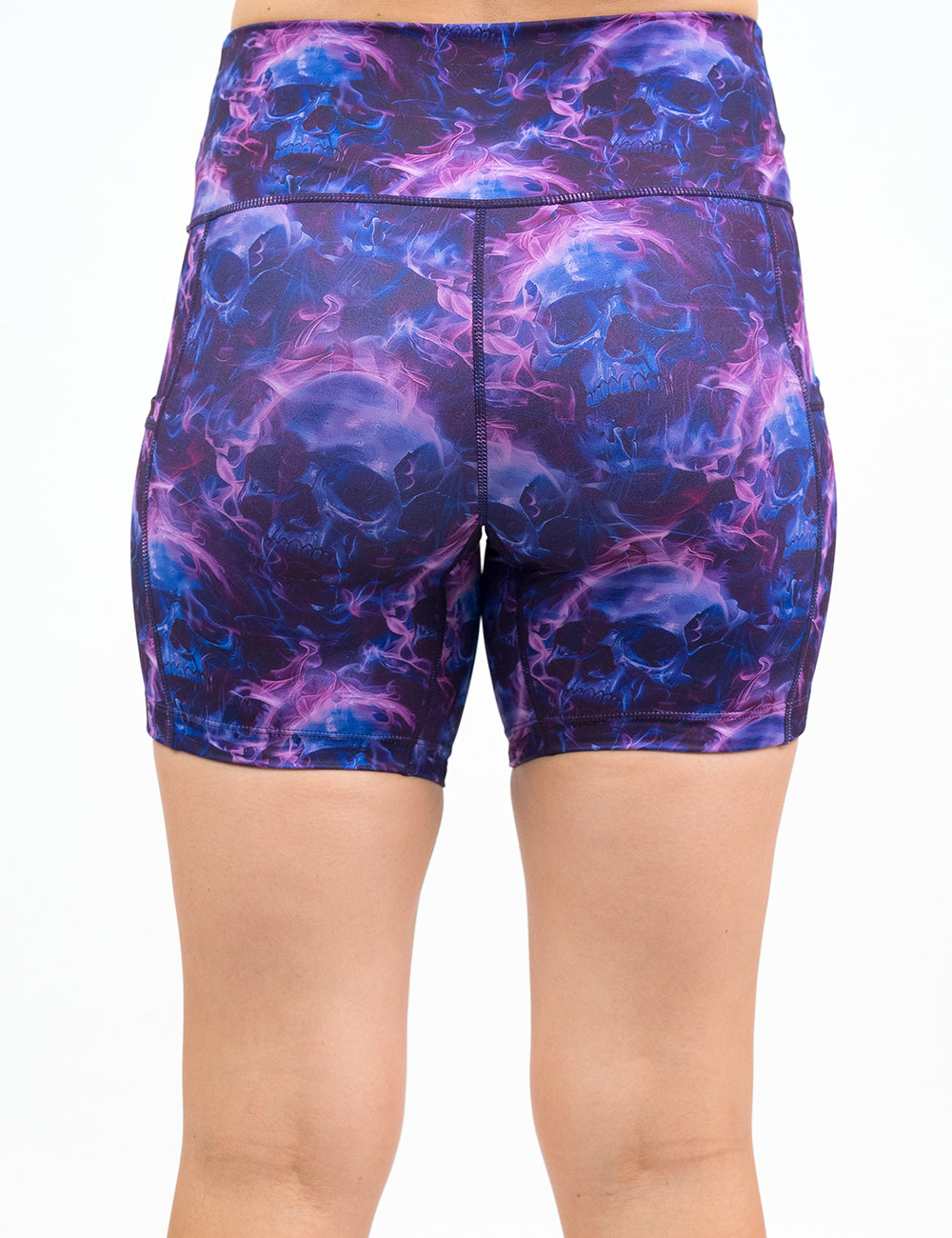 back of the 5 inch dark purple skulls on fire shorts against a white background