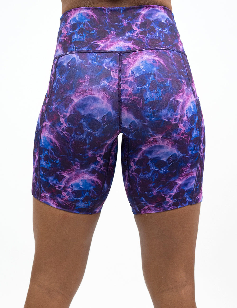 back of the 7 inch dark purple skulls on fire shorts against a white background