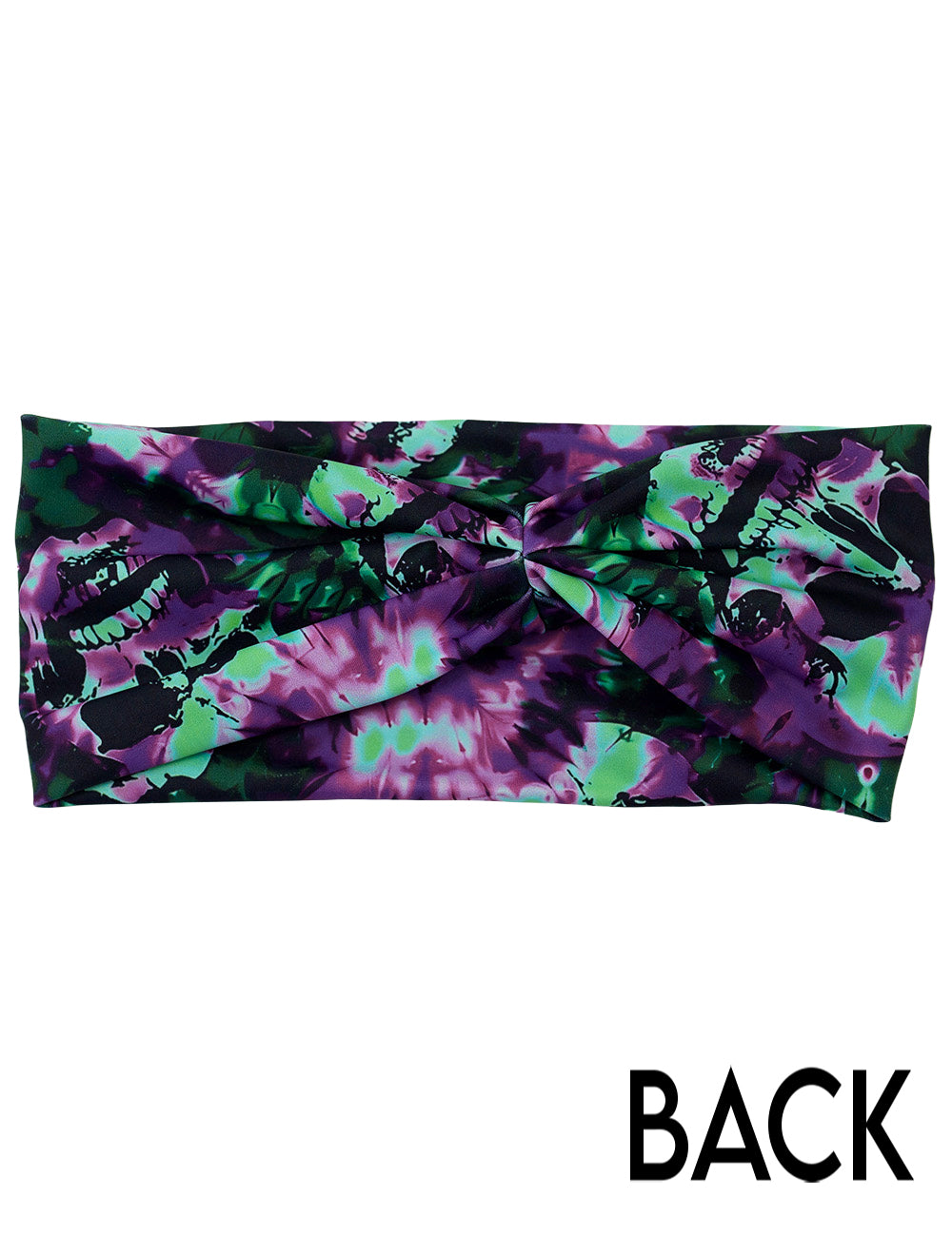 back of the green and purple skulls tie dye headband
