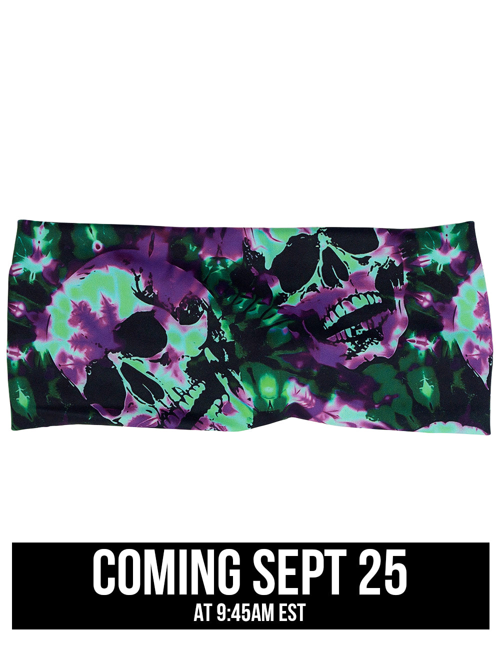 front of the green and purple skulls tie dye headband coming September 25th