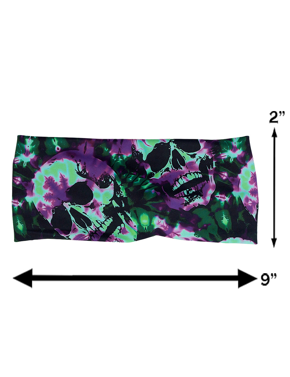 measuring chart for the green and purple skulls tie dye, dimensions are 2 inches by 9 inches