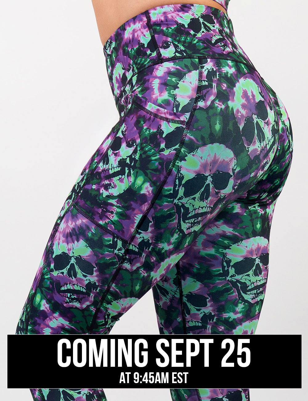 back of the purple and green tie dye skulls leggings coming September 25th