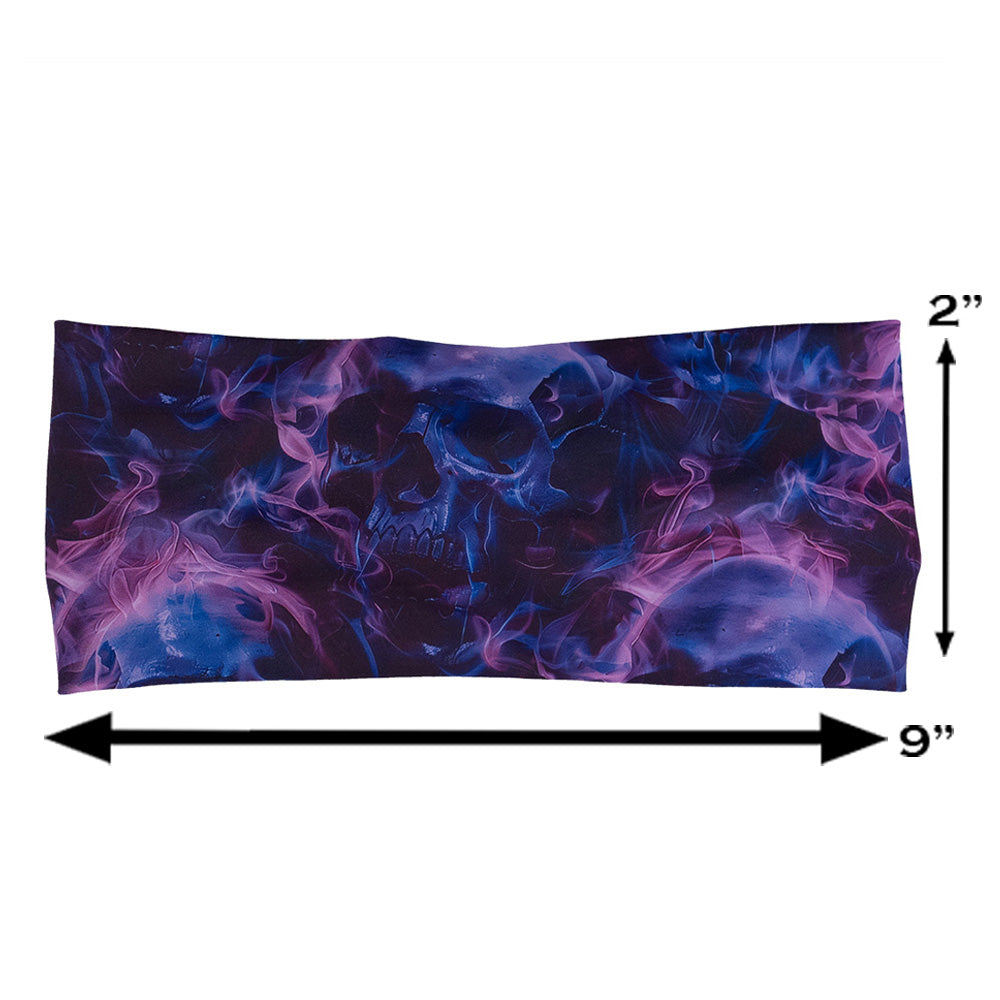 purple and blue skull and flames patterned headband