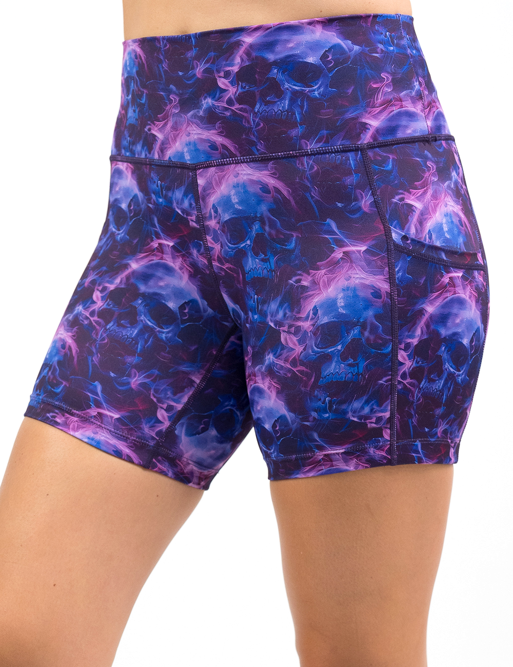 close up of the black skulls against a dark blue background 2.5 inch shorts against a white background