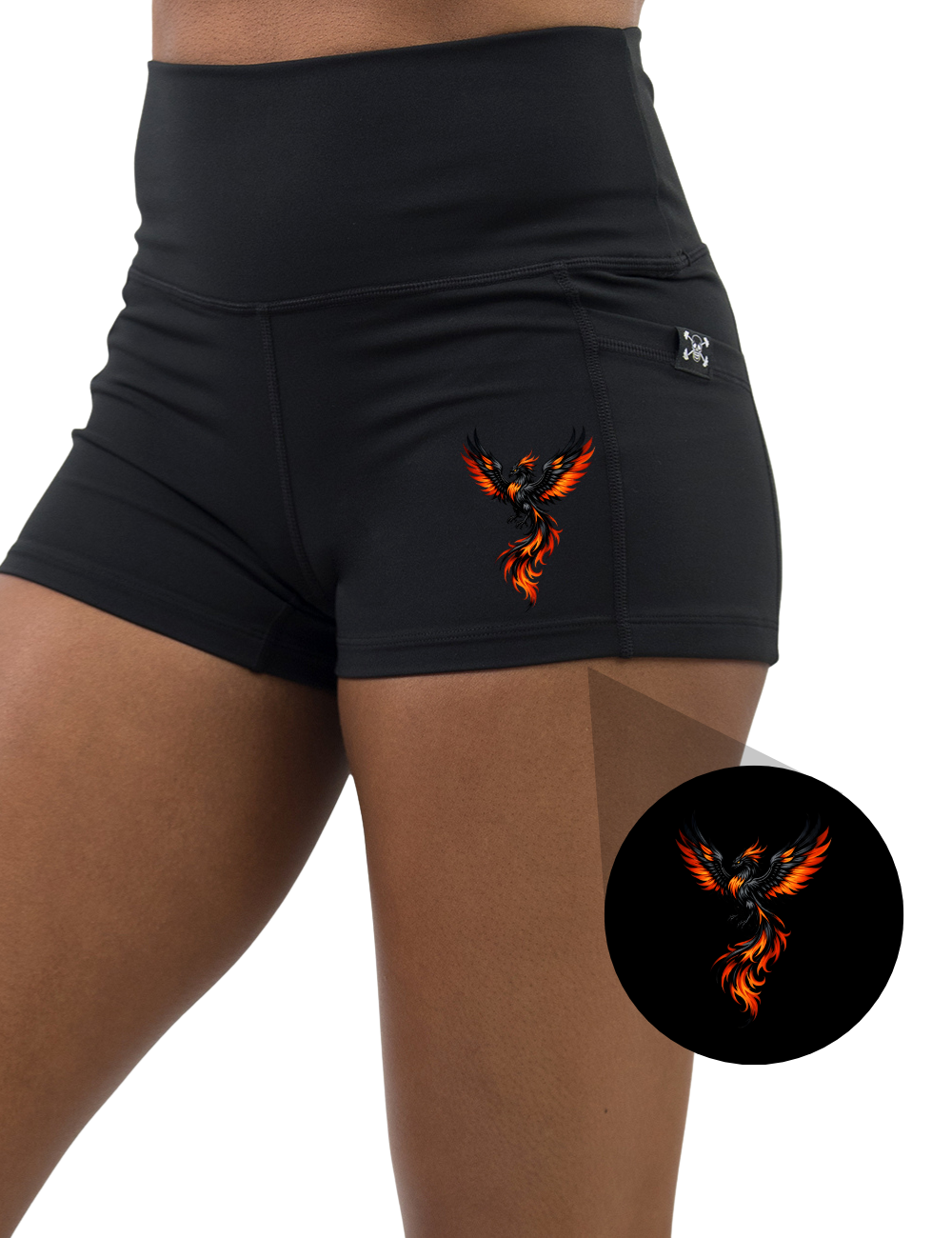 front of the phoenix graphixc 2.5 inch black shorts against a white background