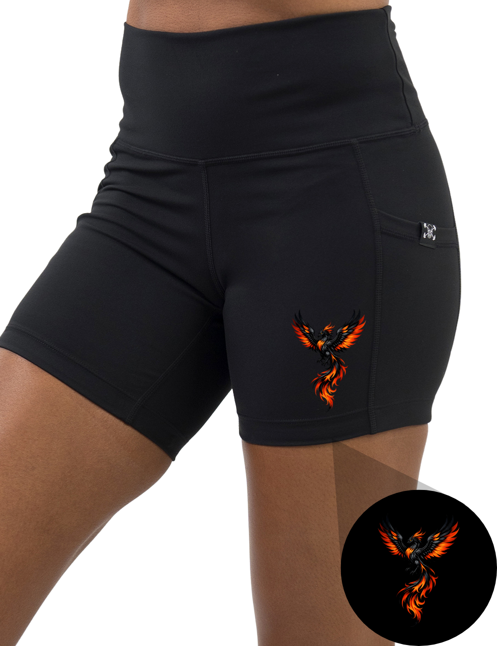 front of the 5 inch phoenix graphic black shorts against a white background
