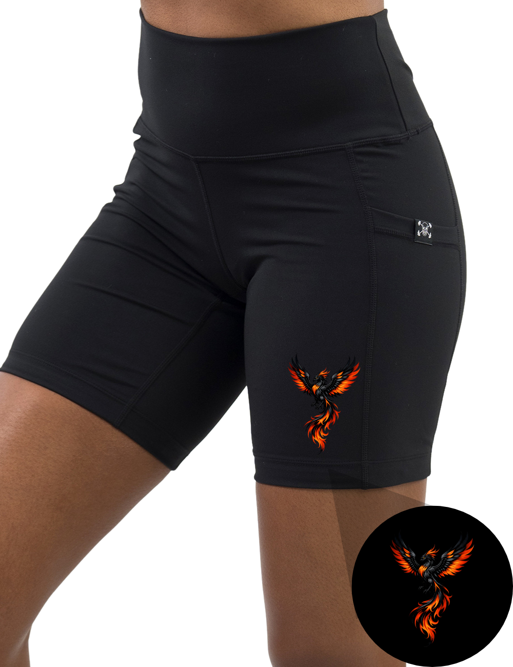 front of the 7 inch phoenix graphic black shorts against a white background