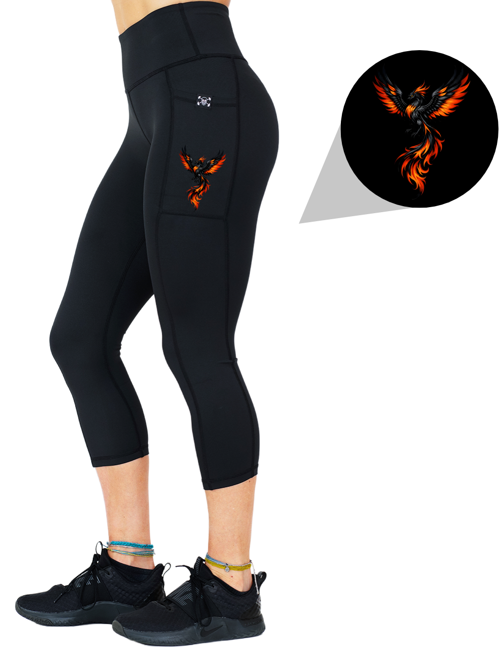 model wearing the phoenix graphic capri solid black leggings against a white background
