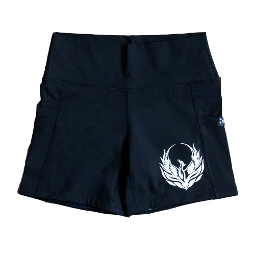 black 5 inch shorts with phoenix design on the bottom left