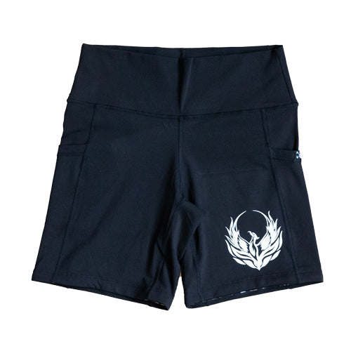 black 7 inch shorts with phoenix design on the bottom left