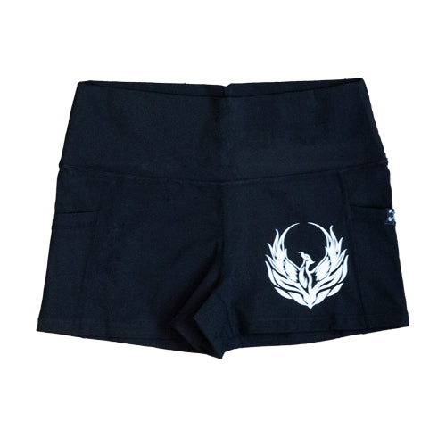 black 2.5 inch shorts with phoenix design on the bottom left