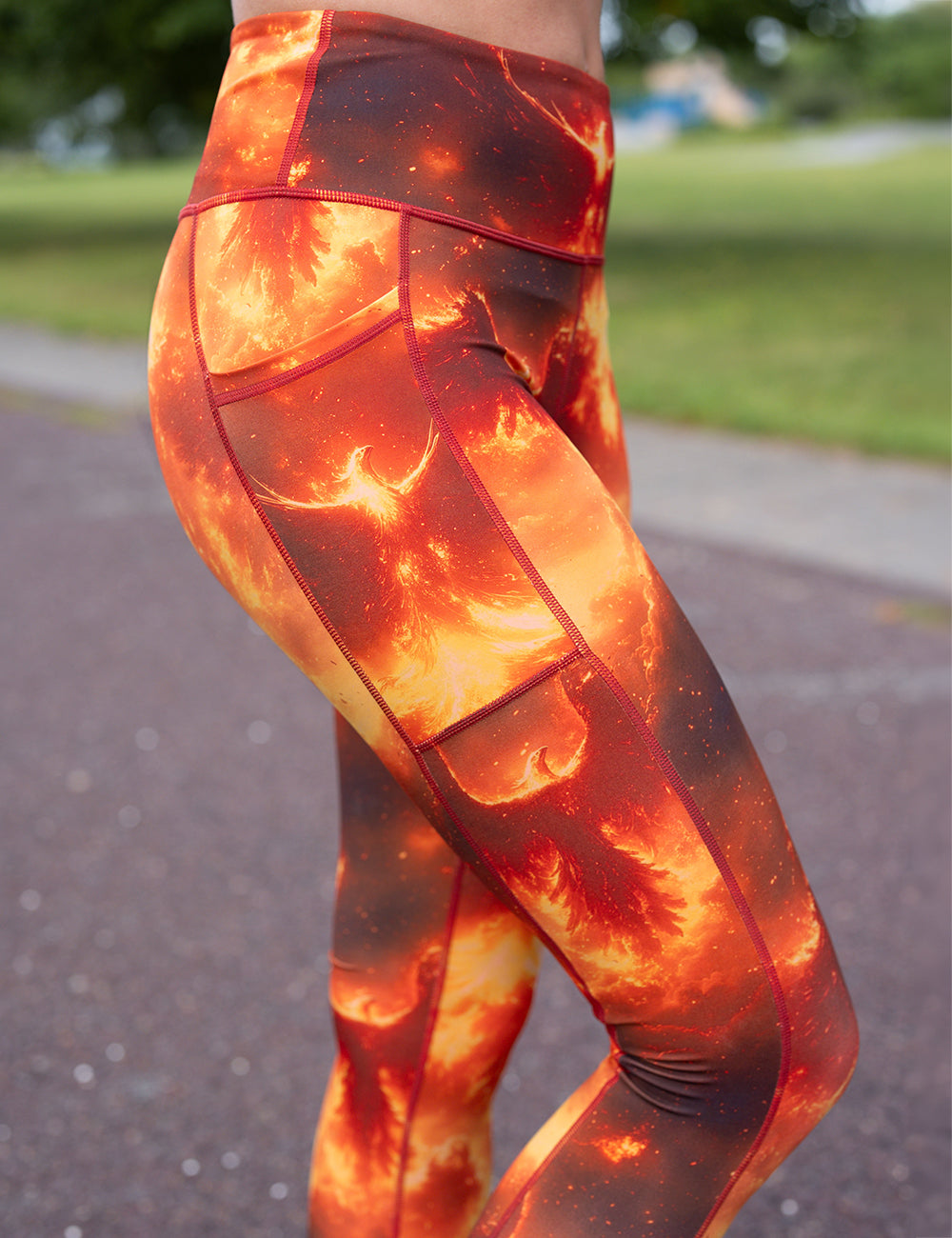 close up of the phoenix surrounded by fire leggings