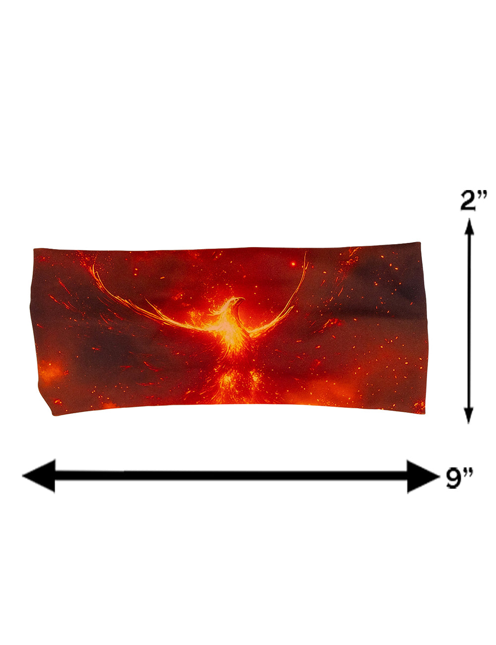 measurements for the phoenix surrounded by fire headband, measurements are 2 inches by 9 inches