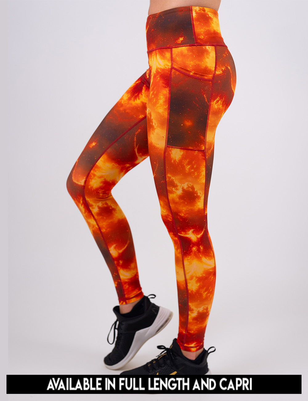 available lengths for the phoenix surrounded by fire leggings, lengths include full length and capri
