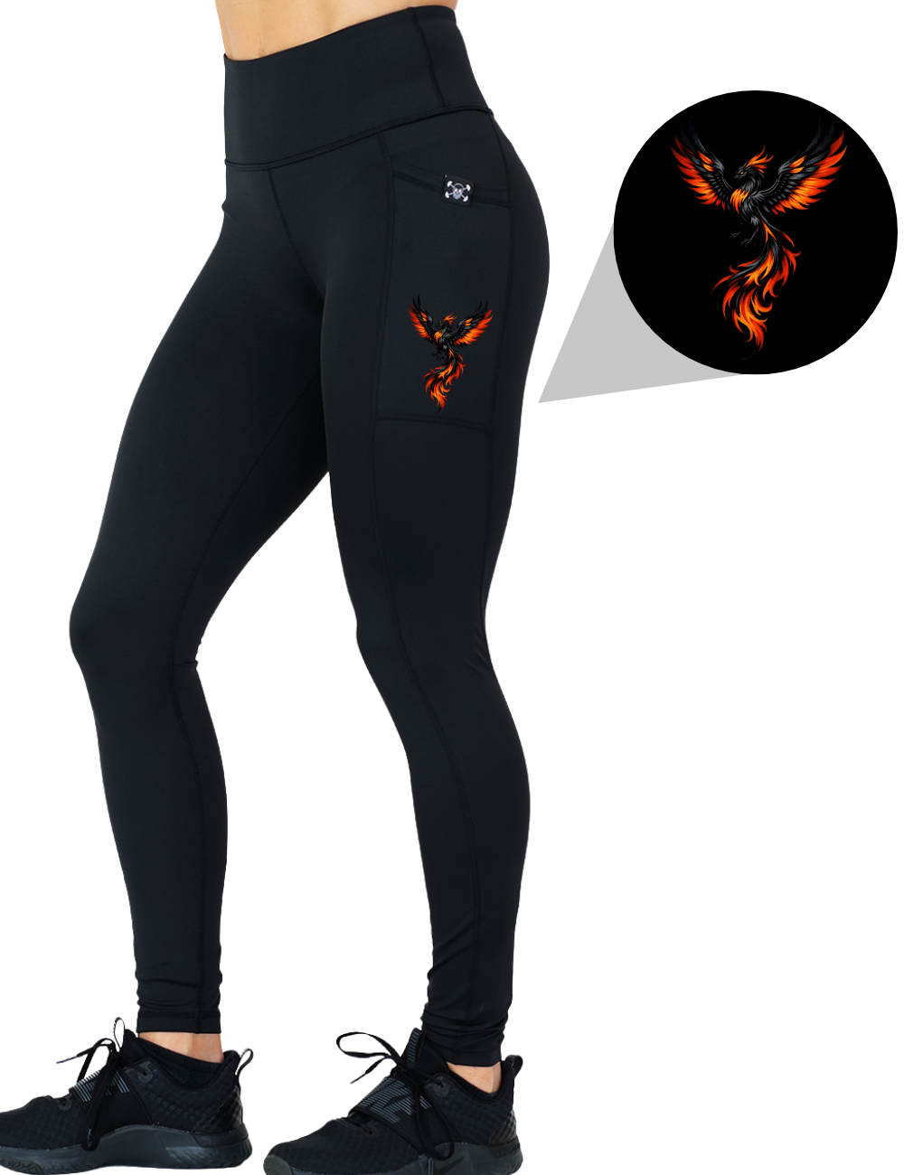 model wearing the phoenix graphic full length solid black leggings against a white background