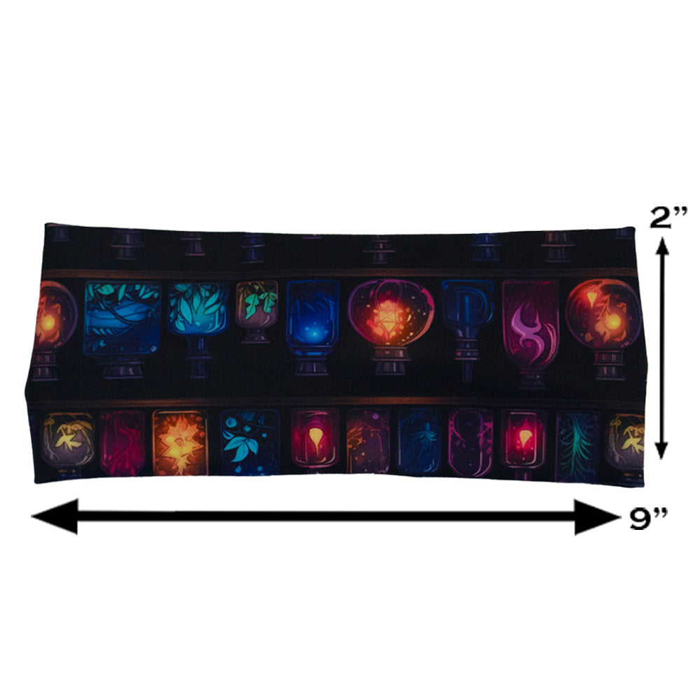 potions patterned headband measured at 2 by 9 inches