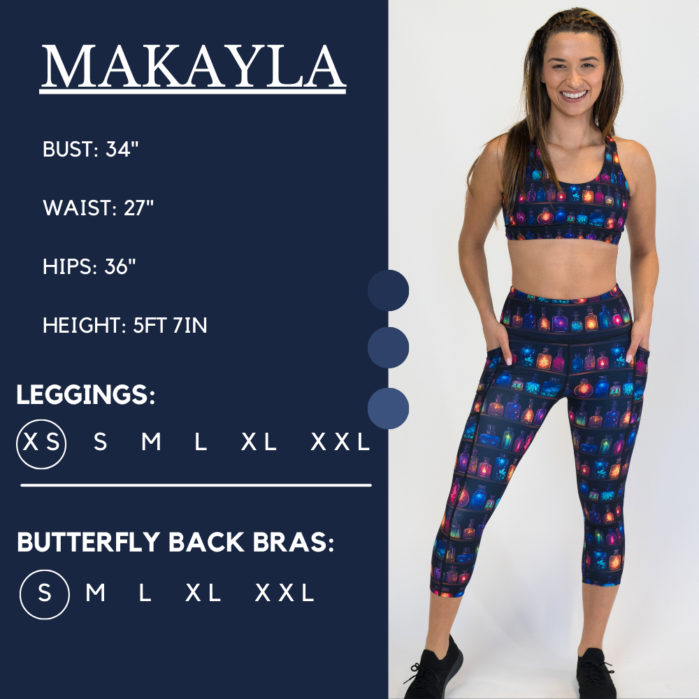 Model’s measurements of 34” bust, 27” waist, 36” hips and height of 5 ft 7 in. She is wearing a size x-small in our leggings and a size small in our butterfly back bra