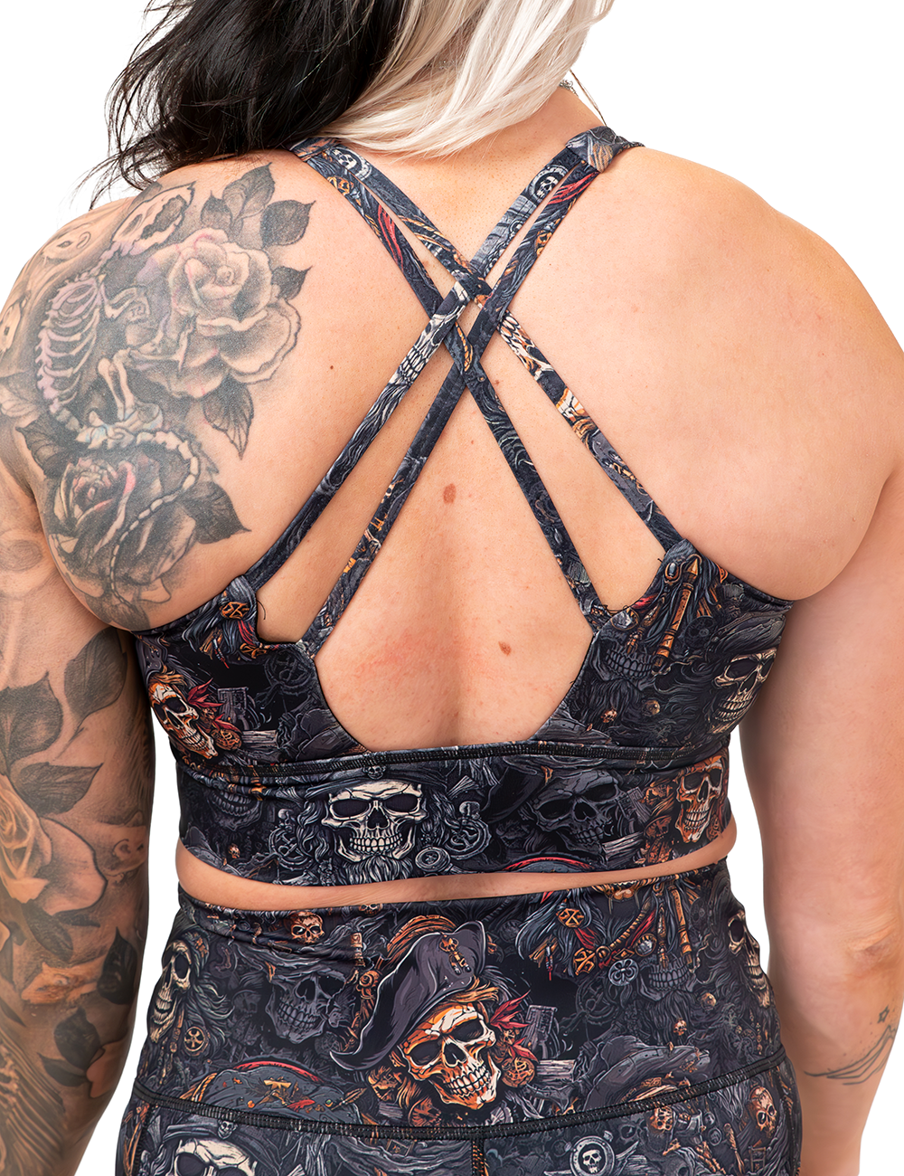 back of the pirate skulls bra against a white background