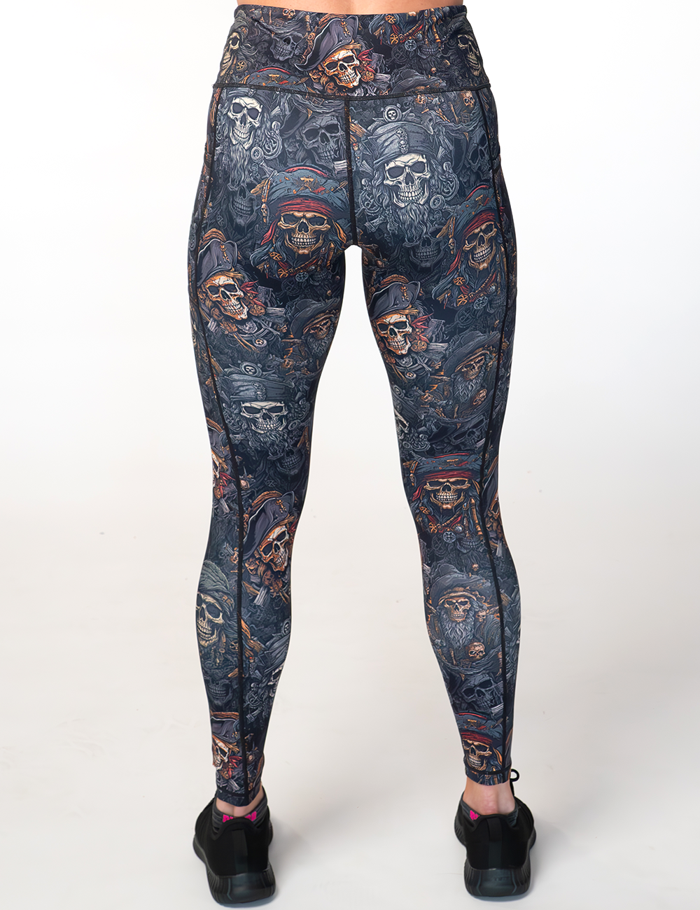 back of the pirate skulls full length leggings against a white background