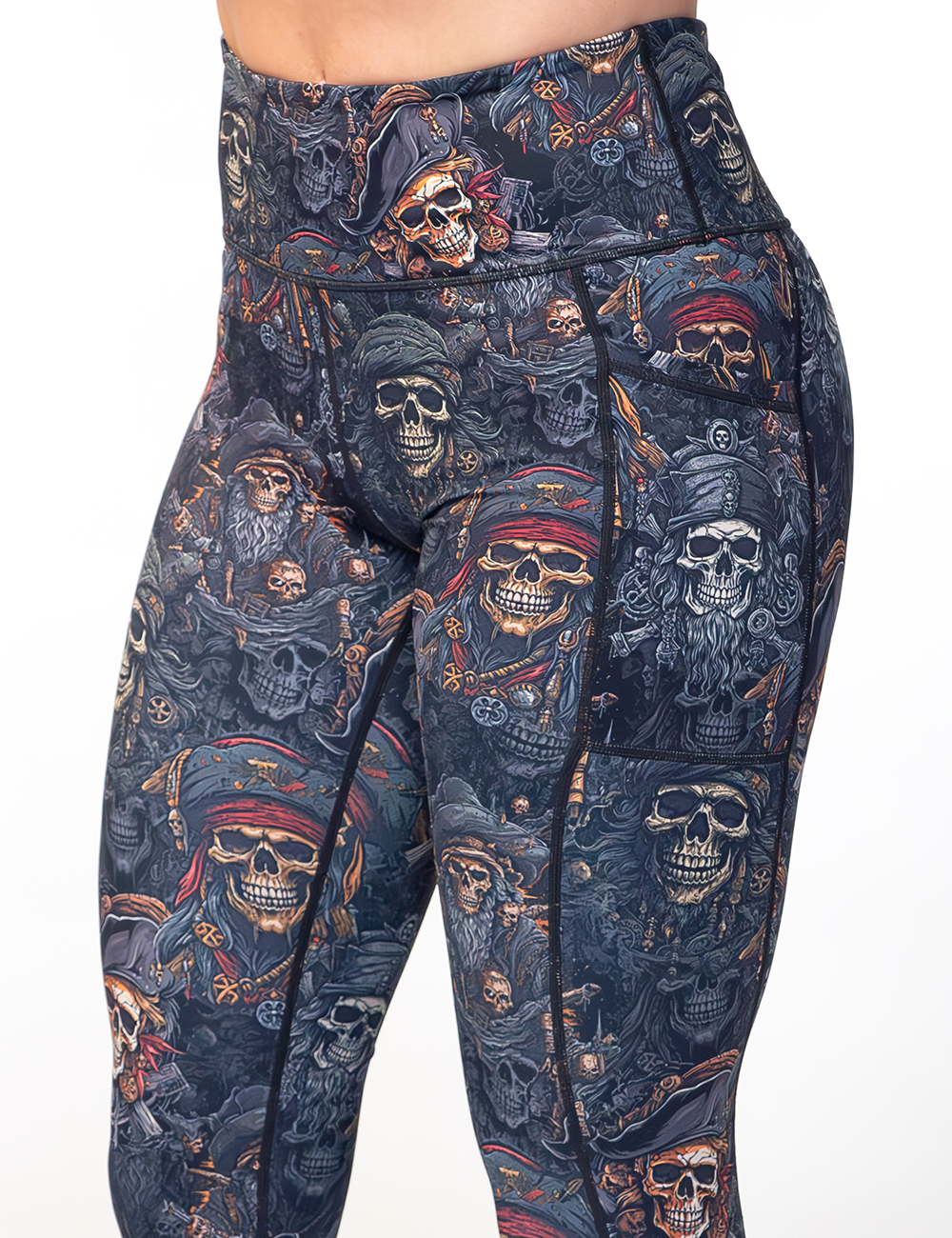 pirate skull pattern leggings facing the front against a white background