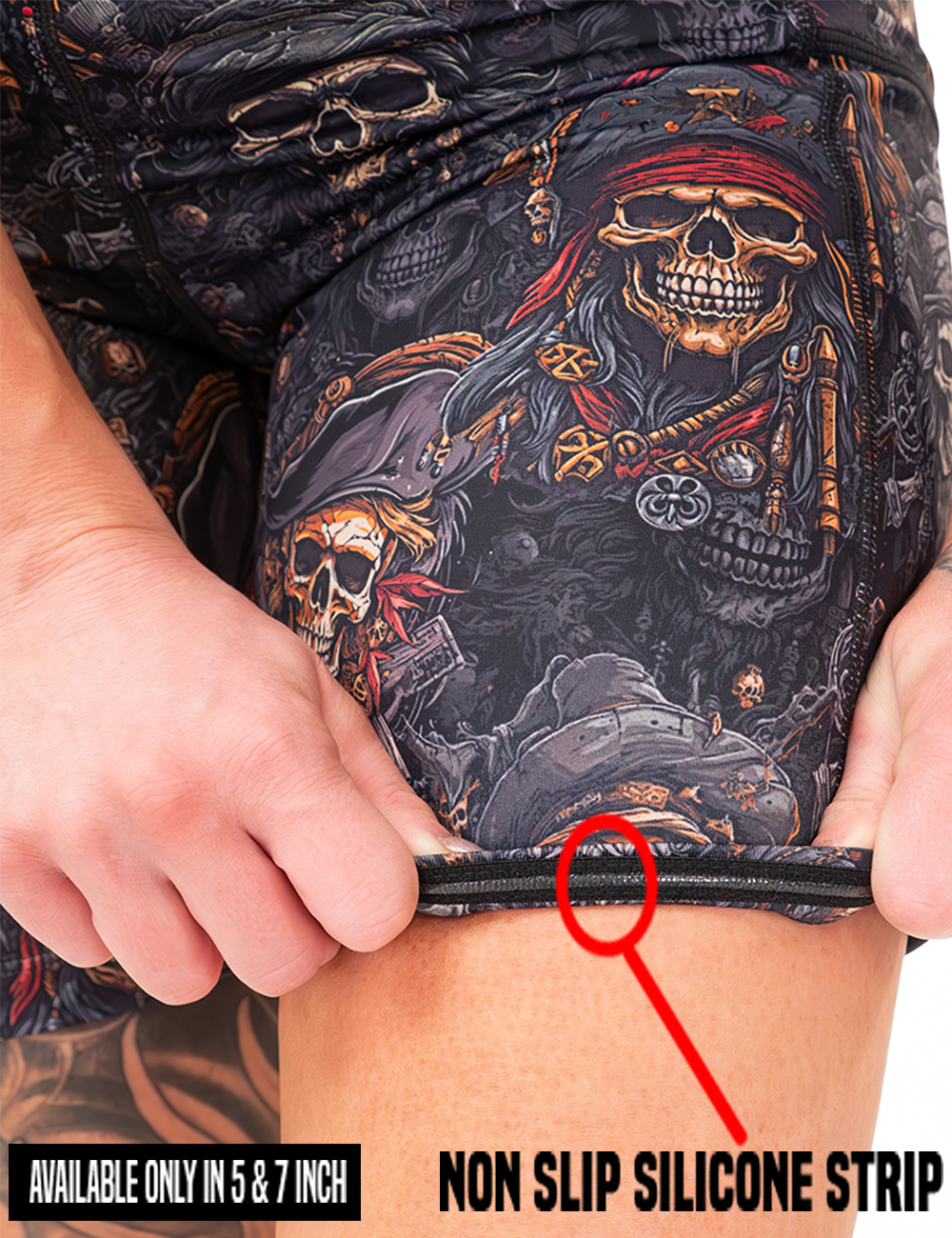close up of the pirate skulls shorts rolled up to show the non slip silicone strip found on the inside lining of the 5 and 7 inch shorts