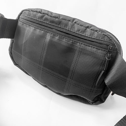 back of black plaid belt bag