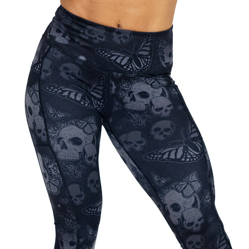 grey and black skull and butterfly leggings