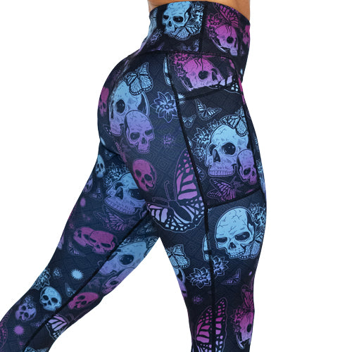 purple and blue skull and butterfly leggings