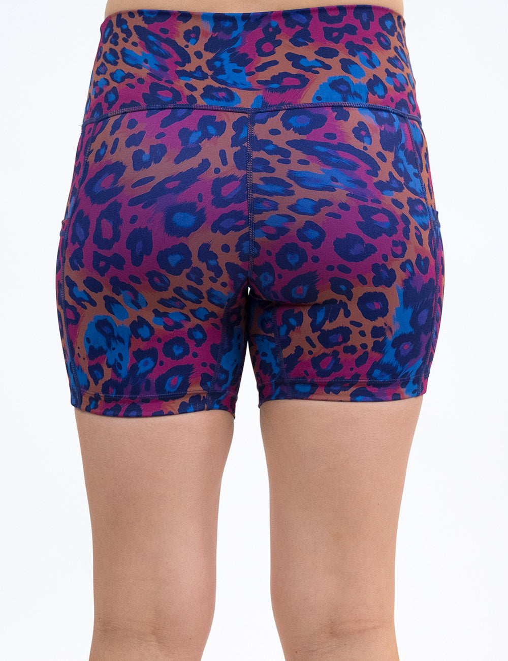 back of the 5 inch  yellow, red, and blue leopard print shorts against a white background